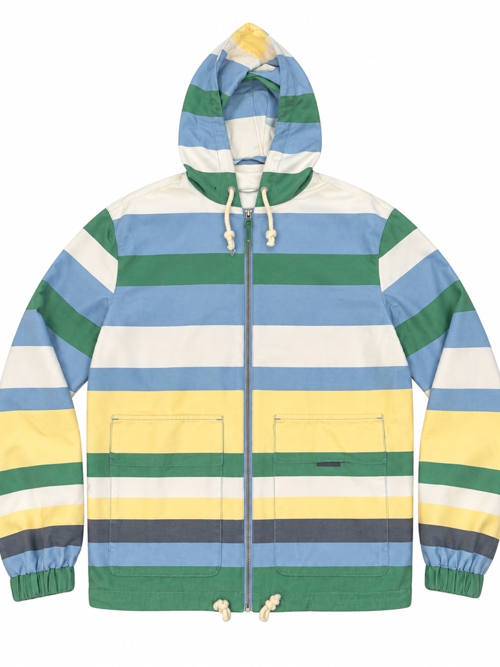 ZARA Men’s Striped Hooded Zip Up Jacket Size M Blue Green Yellow Full Zip